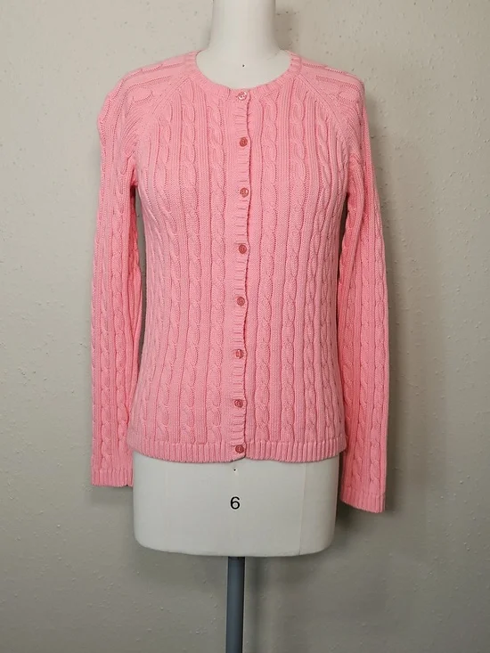 L.L. Bean Pink Cable Knit Cotton Cardigan Button Front XS - Picture 2 of 8